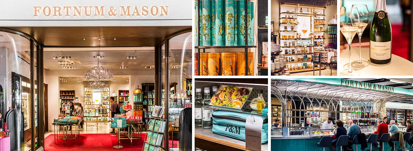 Fortnum & Mason selection; shop front, champagne, hamperling