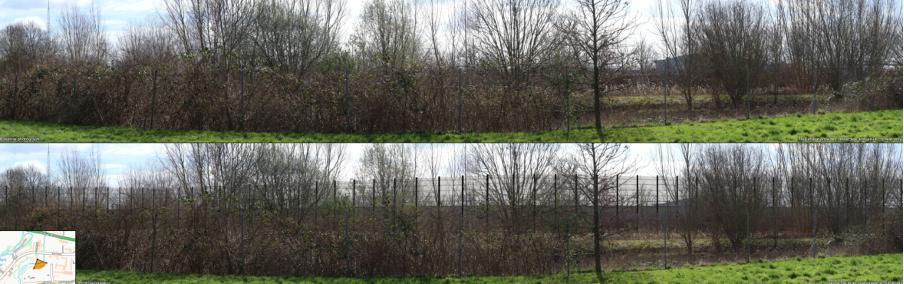 Image shows a example of a winter noise barrier. Appears like a fence within shrubbery.