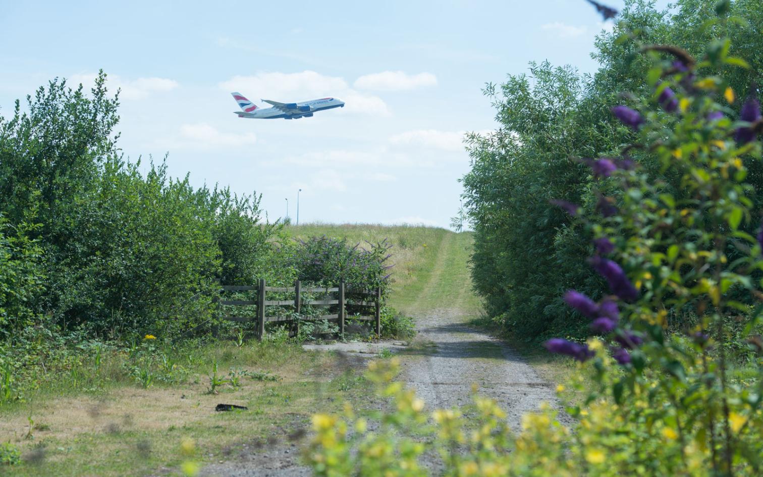 View of plane flying over local surrounding area to Heathrow