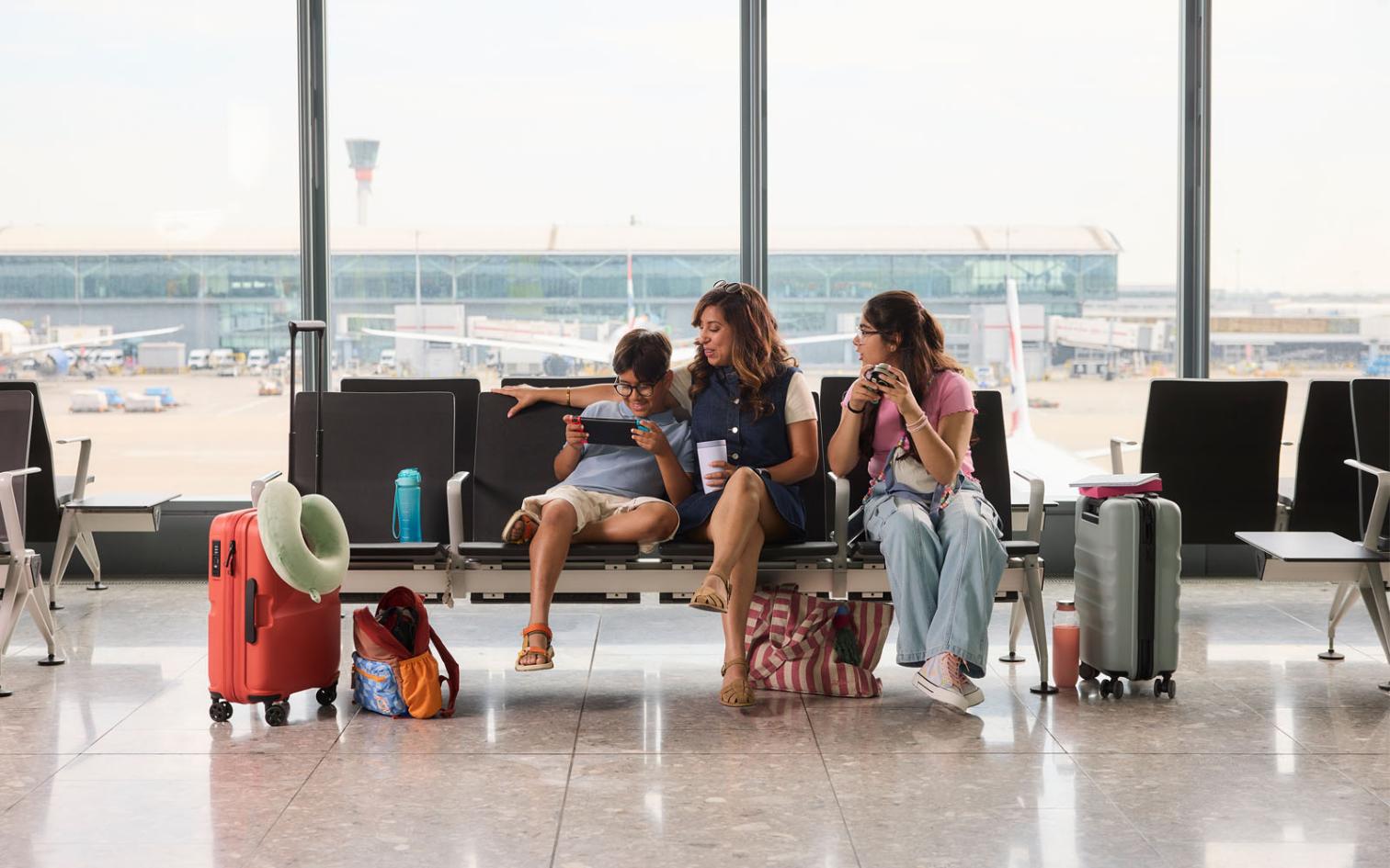A family waiting to board at Heathrow