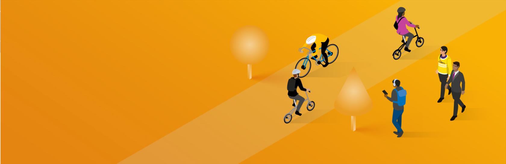 Woman on bike and man walking next to her
